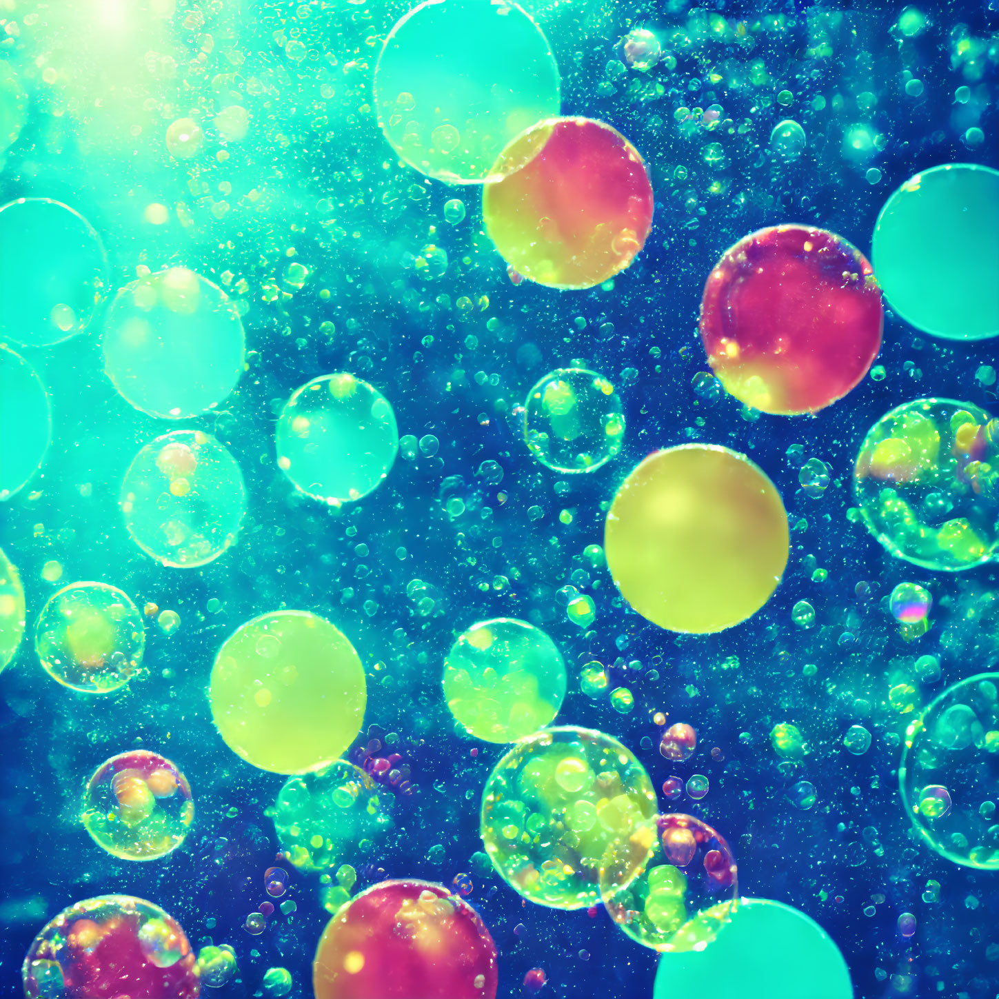 Colorful bubbles floating on bright blue background