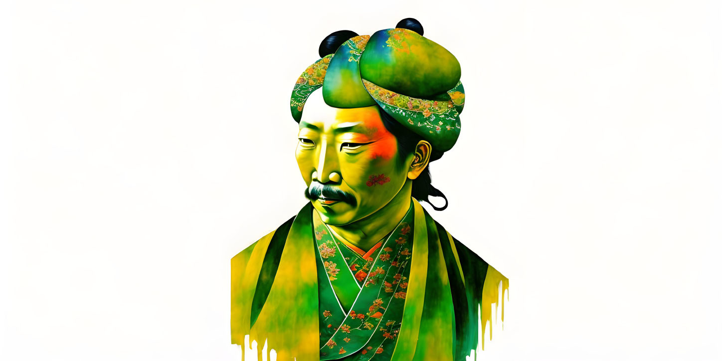 Asian man in traditional attire, stylized portrait with green and orange colors