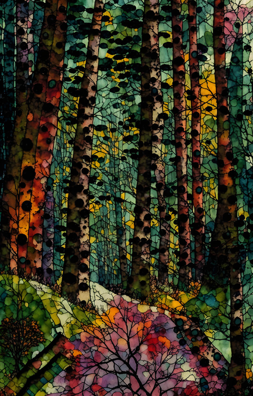 Colorful Stained Glass Forest Mosaic Art