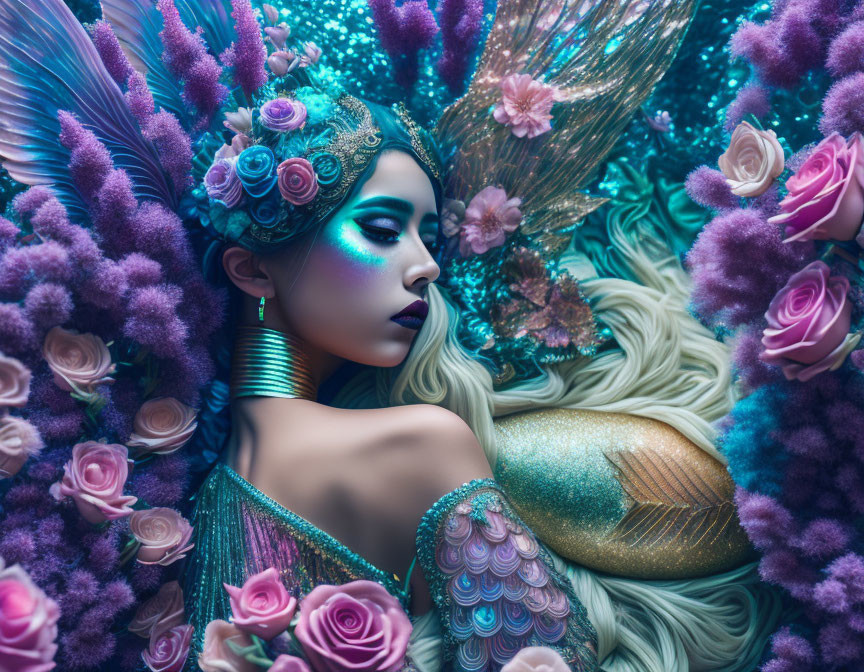 Woman in dramatic peacock-inspired makeup and attire with fabric, roses, and feathers.