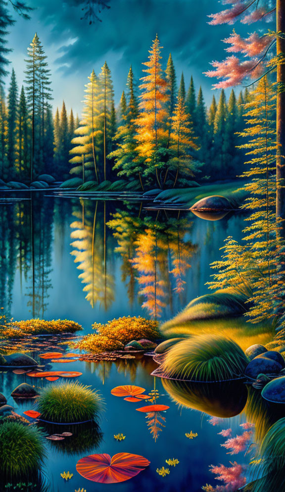 Tranquil forest scene with reflective lake and autumn trees under twilight sky