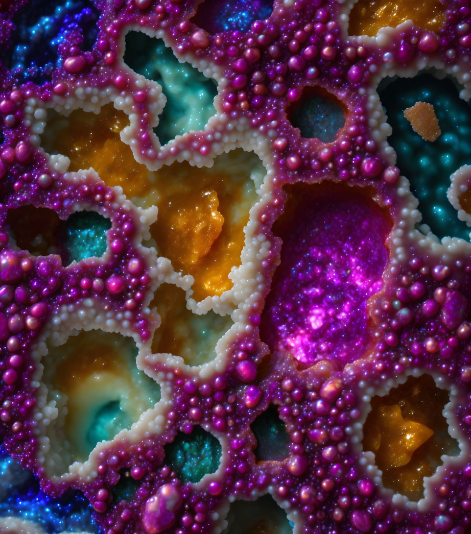 Vibrant close-up image of intricate blue, pink, and orange fractal or coral-like structure