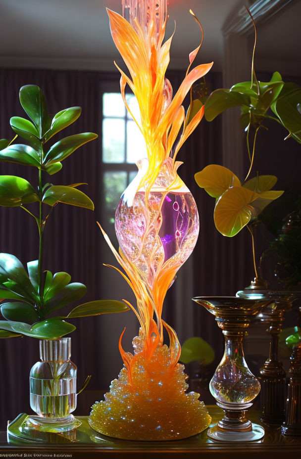 Colorful glass sculpture amidst green plants and silver candlesticks