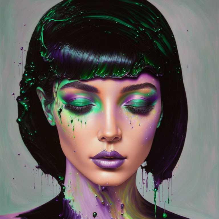 Vibrant green and purple digital artwork of a woman's face