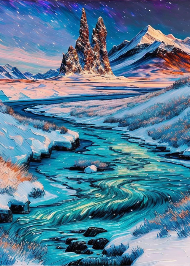 Digital painting of snowy landscape with river, illuminated peaks, starry sky