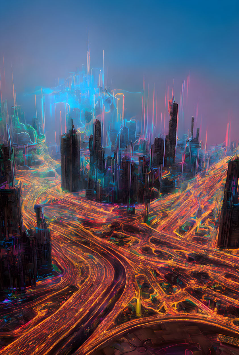 Futuristic cityscape with neon lights and high-rise buildings