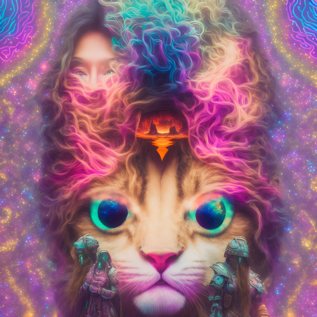 Psychedelic digital artwork featuring woman, lion, and cosmic elements