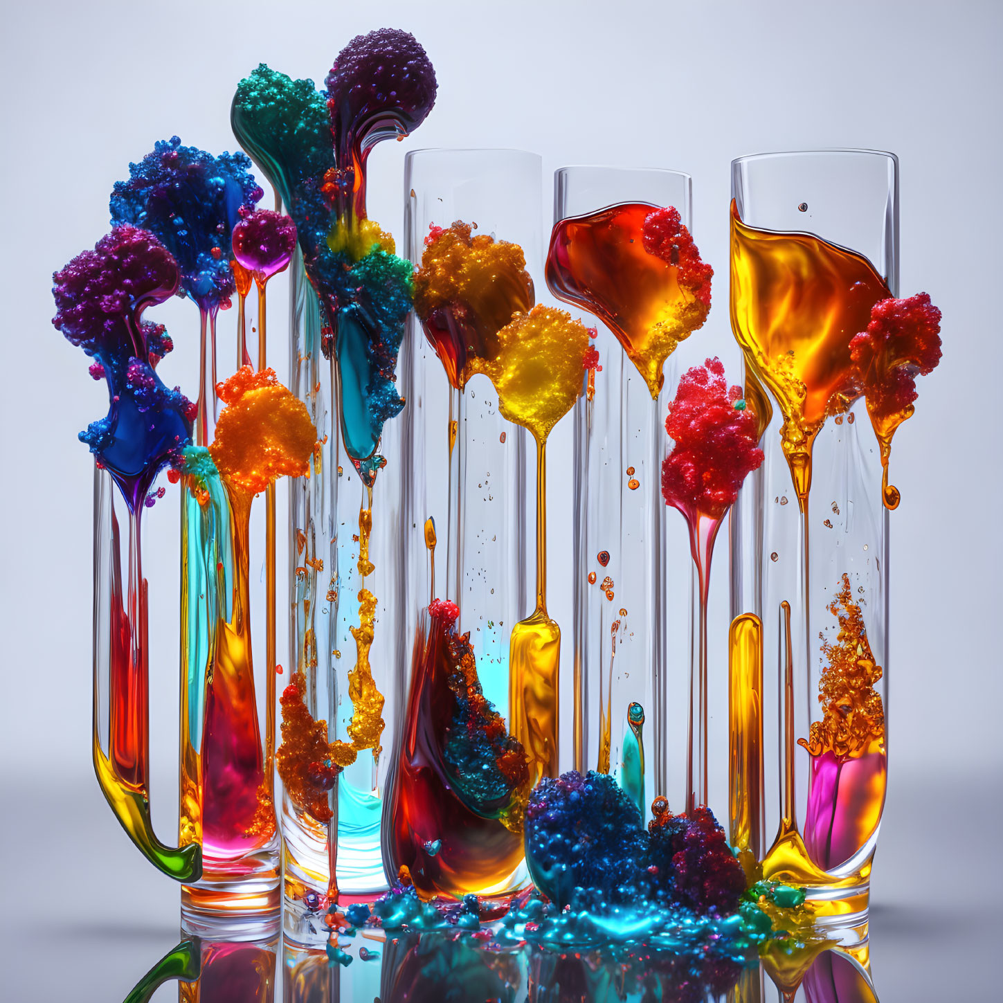 Vibrant liquid splashes in clear glasses on neutral background