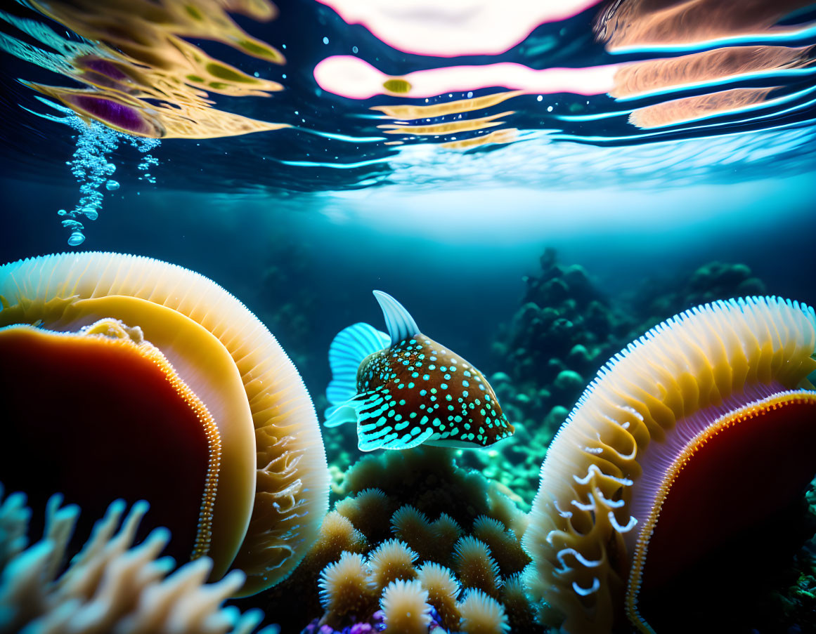 Spotted fish among vibrant sea anemones in distorted underwater scene