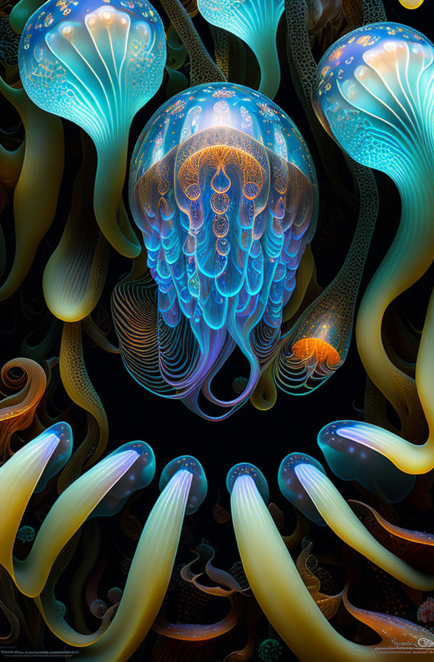 Colorful digital artwork of glowing jellyfish among sea plants in dark underwater scene