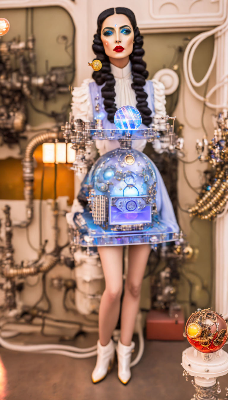 Futuristic female mannequin in blue headpiece and white dress in steampunk room