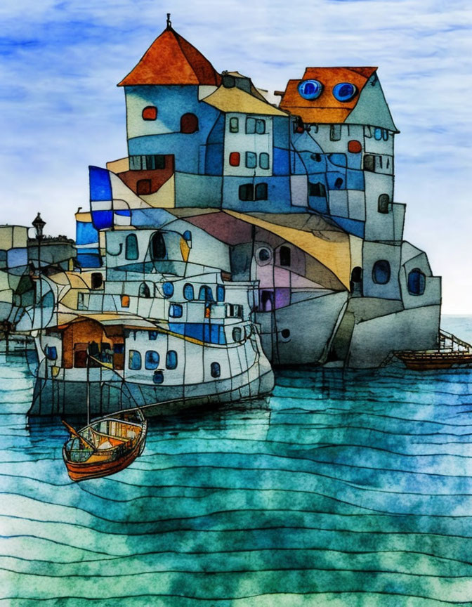 Colorful Watercolor Illustration of Whimsical Coastal Scene