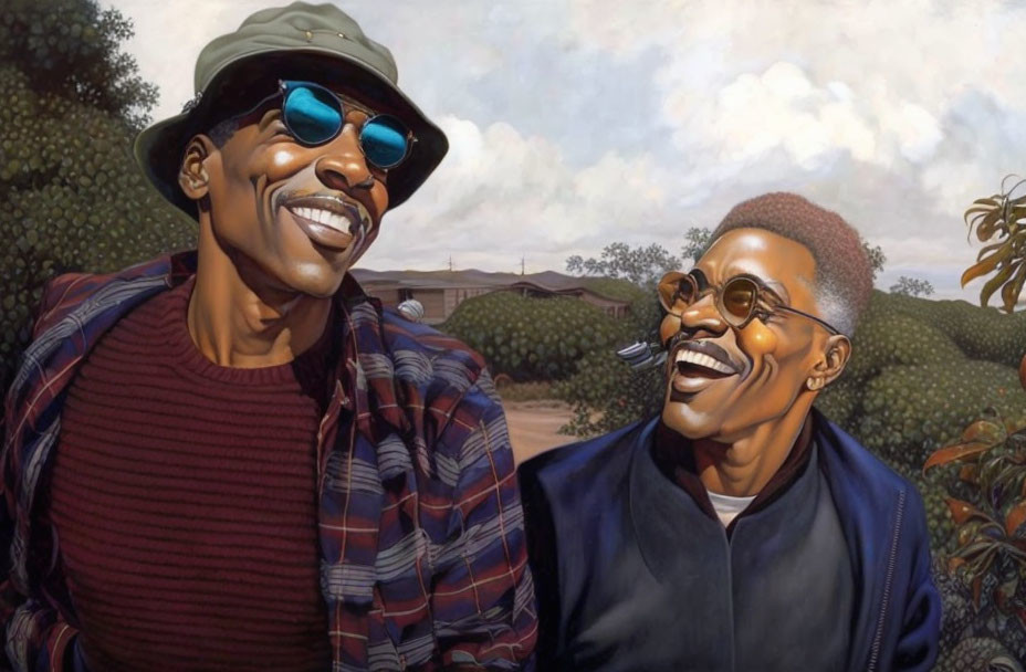 Two men in caricature laughing, one with hat and sunglasses, the other in black jacket, against