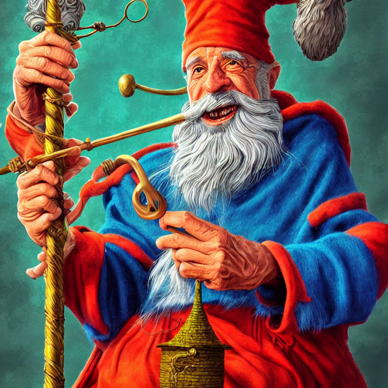 Elderly wizard with white beard, red hat, blue robe, golden key, and mystical staff