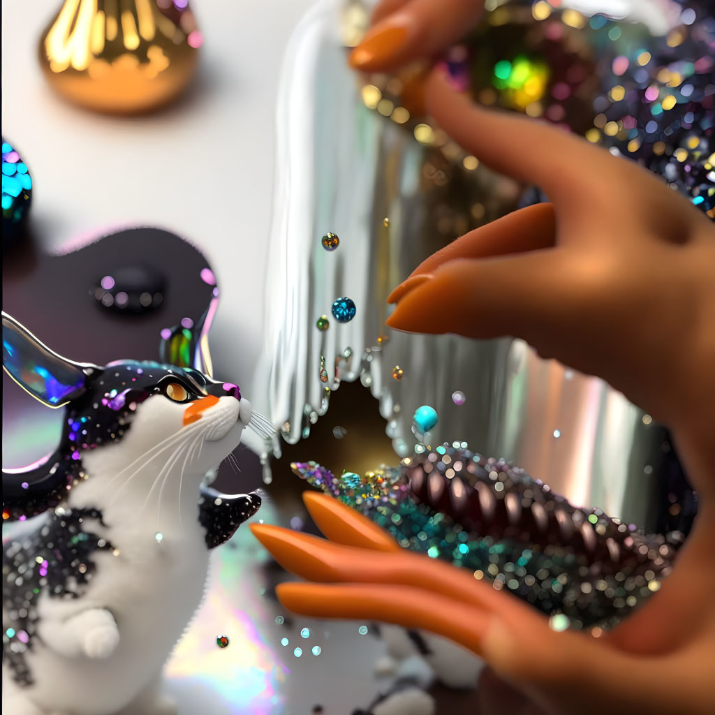 Colorful beads falling from hand onto bunny figurine and reflective surfaces