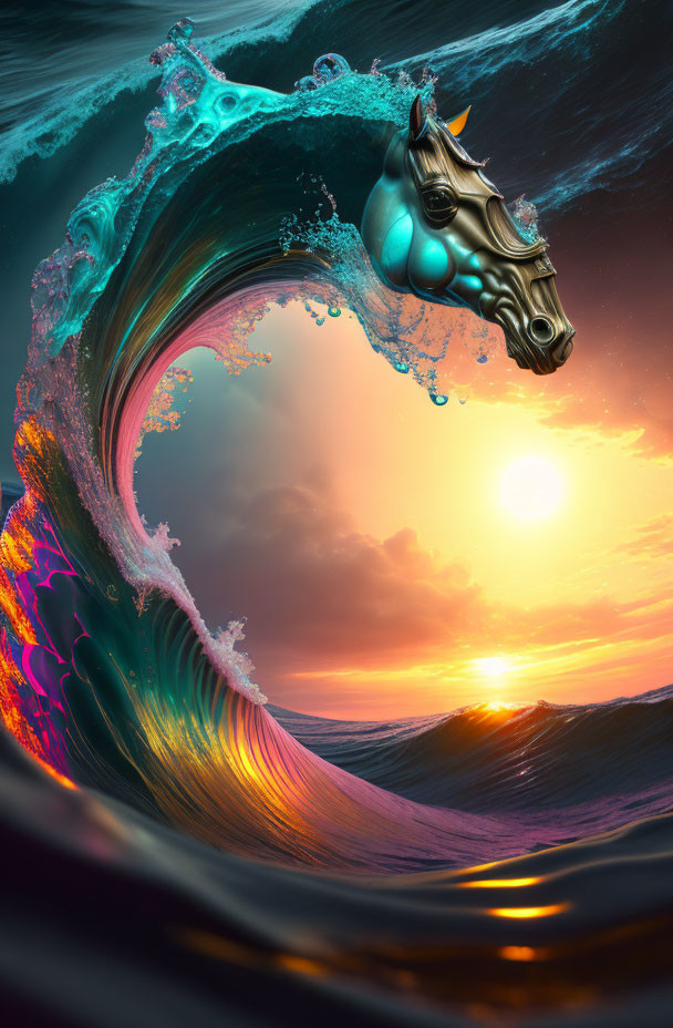 Surreal horse head merges with vibrant wave crest at sunrise