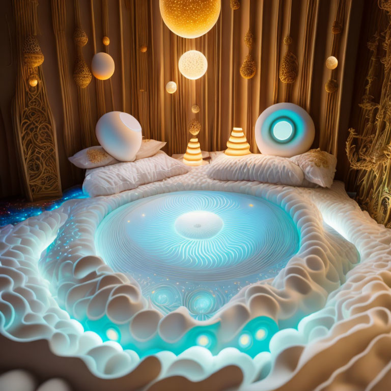 Luxurious Futuristic Bedroom with Glowing Blue Circular Bed