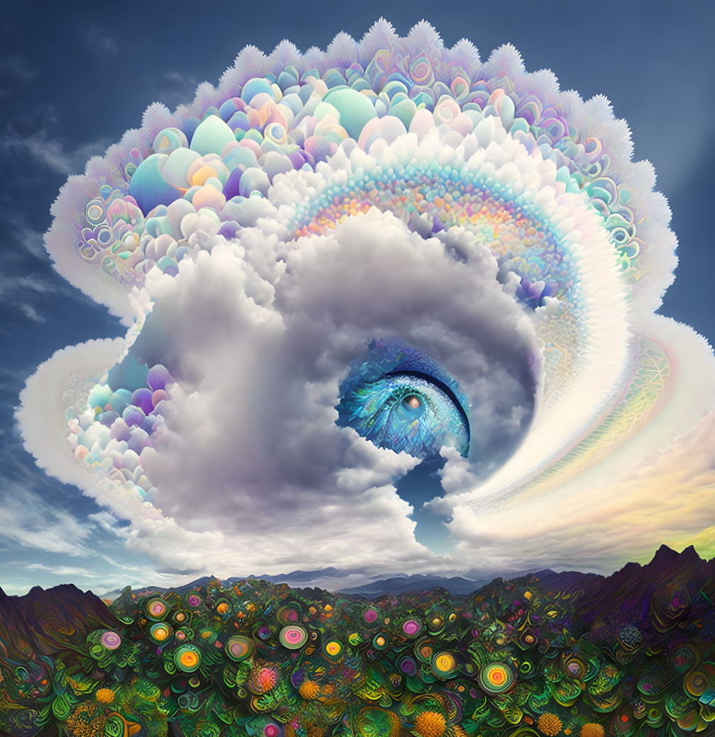 Vibrant floral patterns, mountains, and eye-shaped cloud in surreal landscape