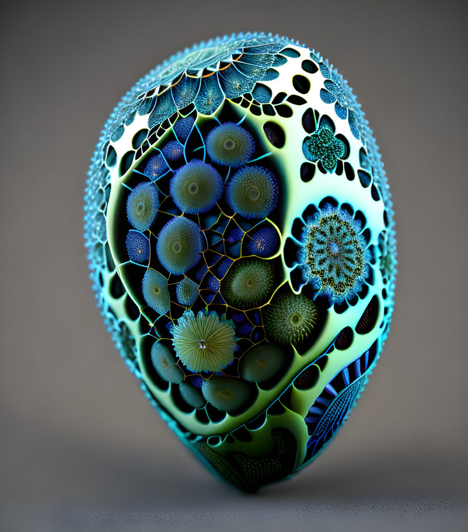 Colorful blue and green fractal-like patterned egg with luminescent quality