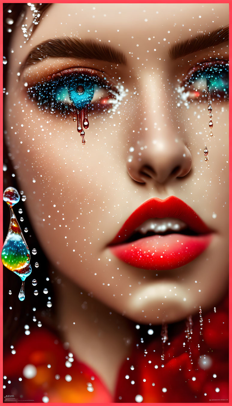 Detailed Close-up: Vibrant Blue Eyes, Red Lips, Water Droplets on Skin