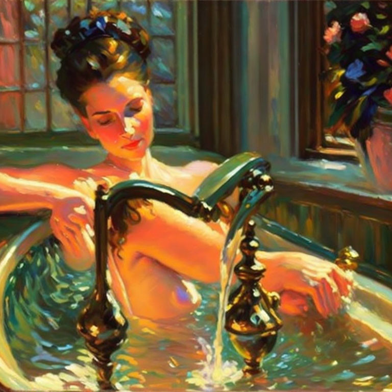 Woman Reading Book in Sunlit Bath Scene