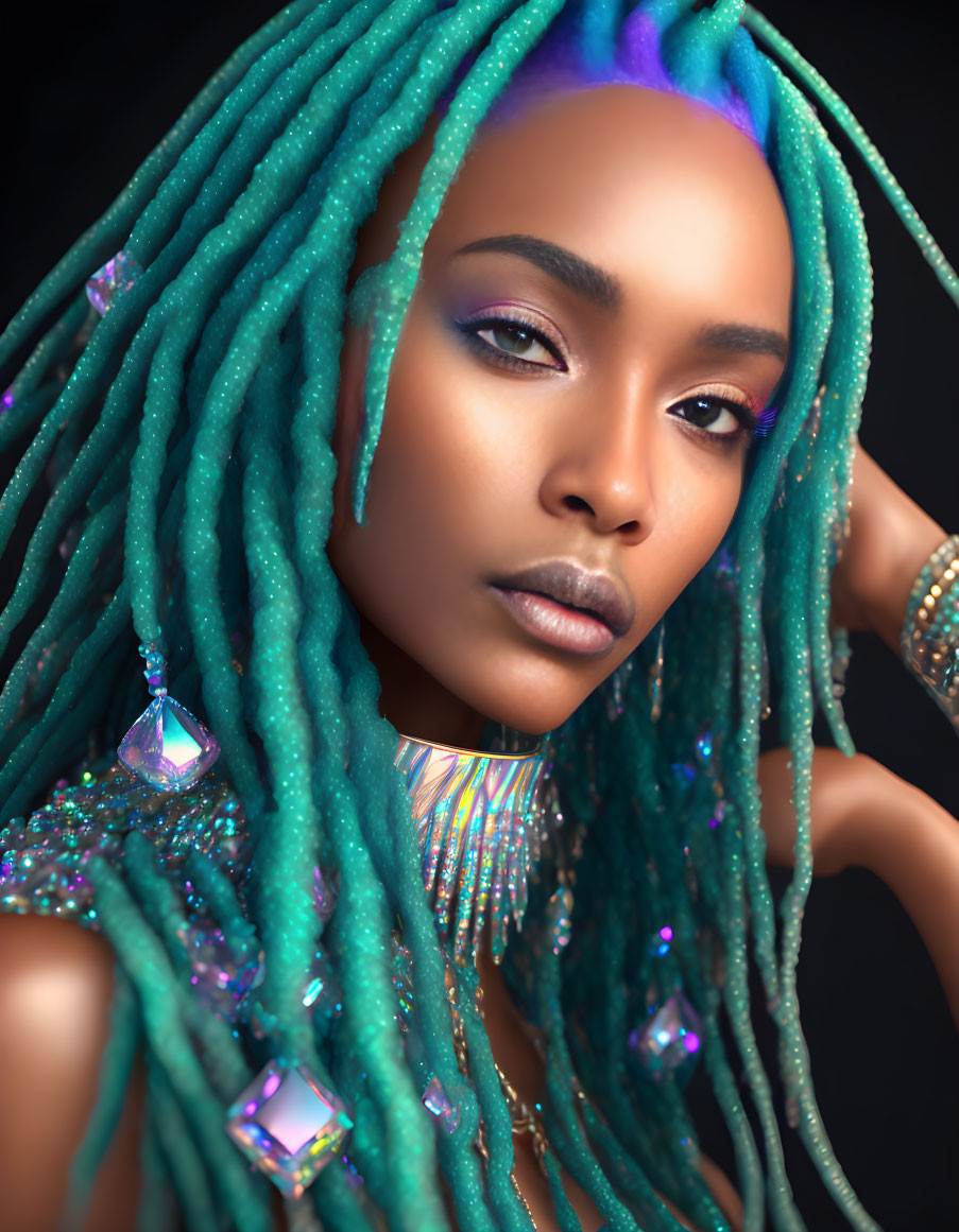 Woman with Turquoise Braided Hair and Blue Eyeshadow in Iridescent Jewelry