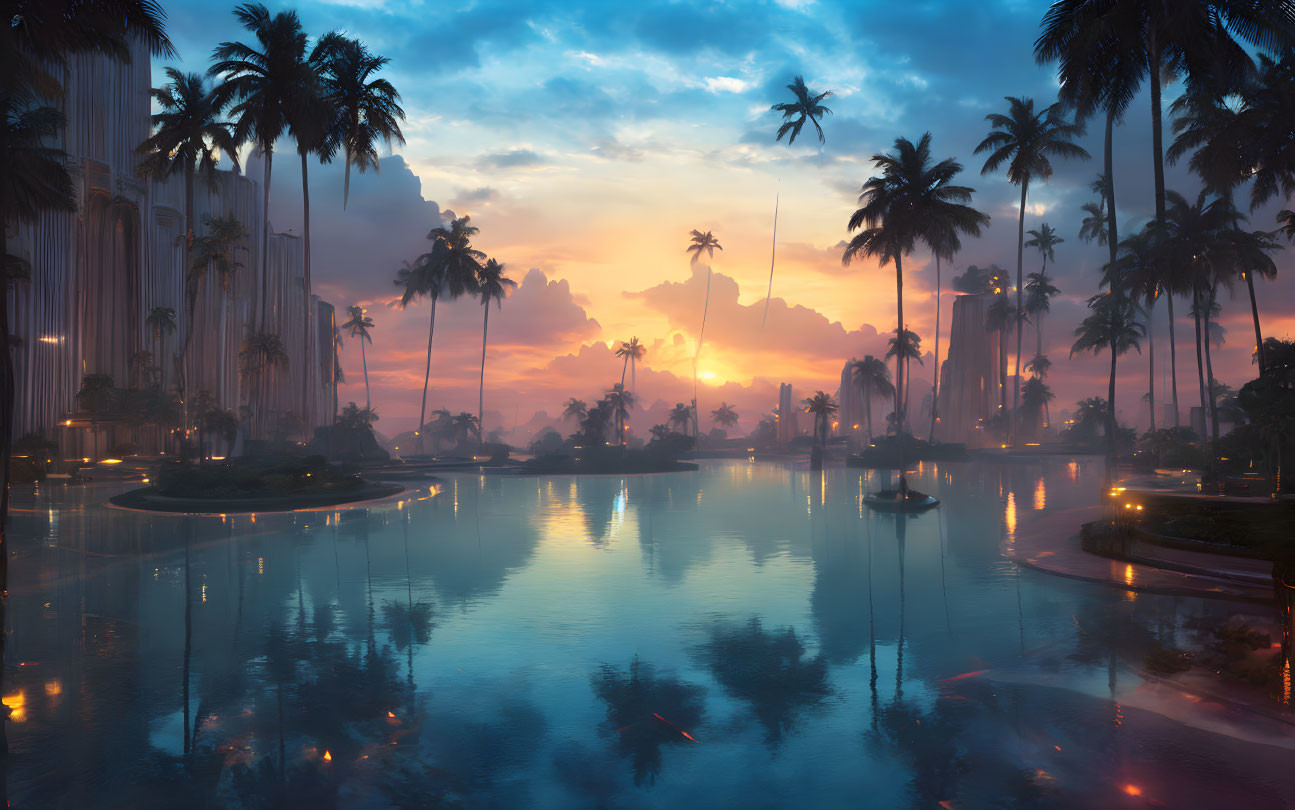 Futuristic cityscape at sunset with palm trees and reflective waters