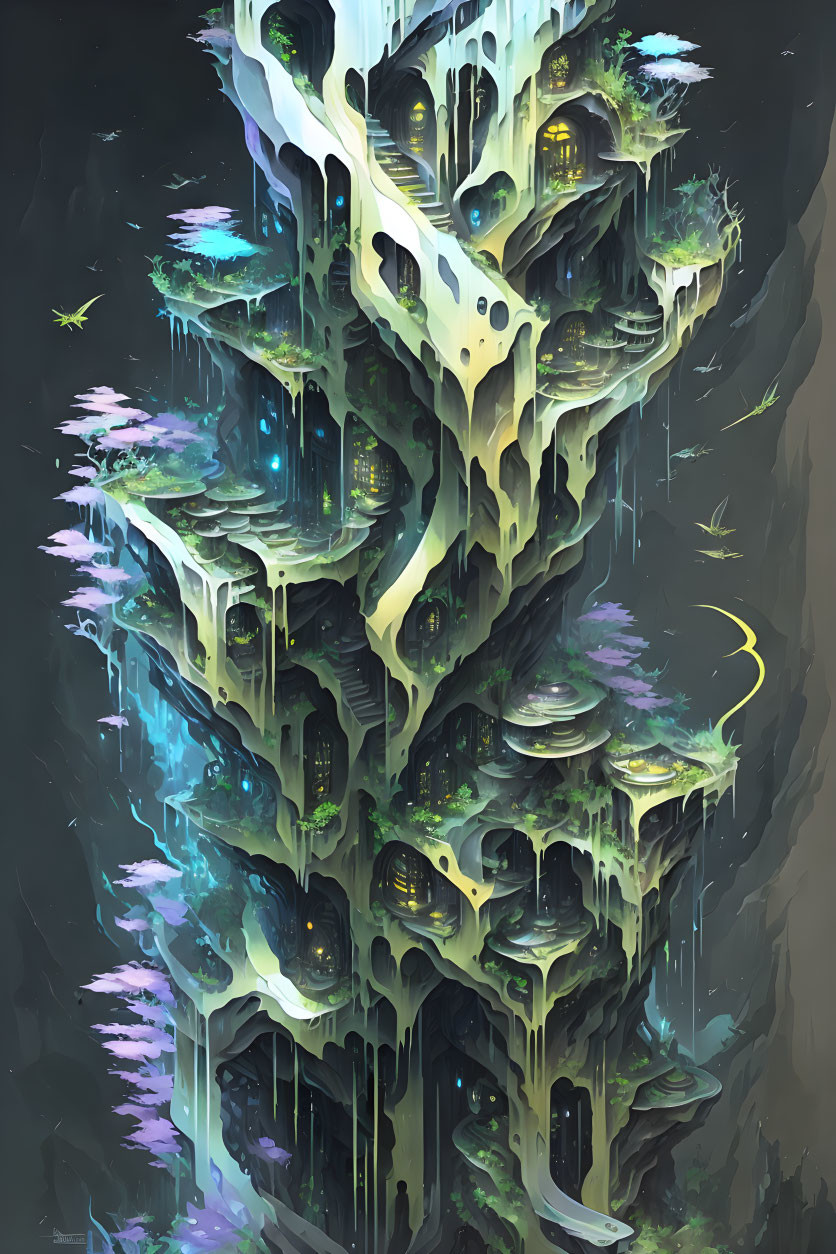 Vertical City with Waterfalls, Glowing Windows, Greenery & Dragon-Like Creatures