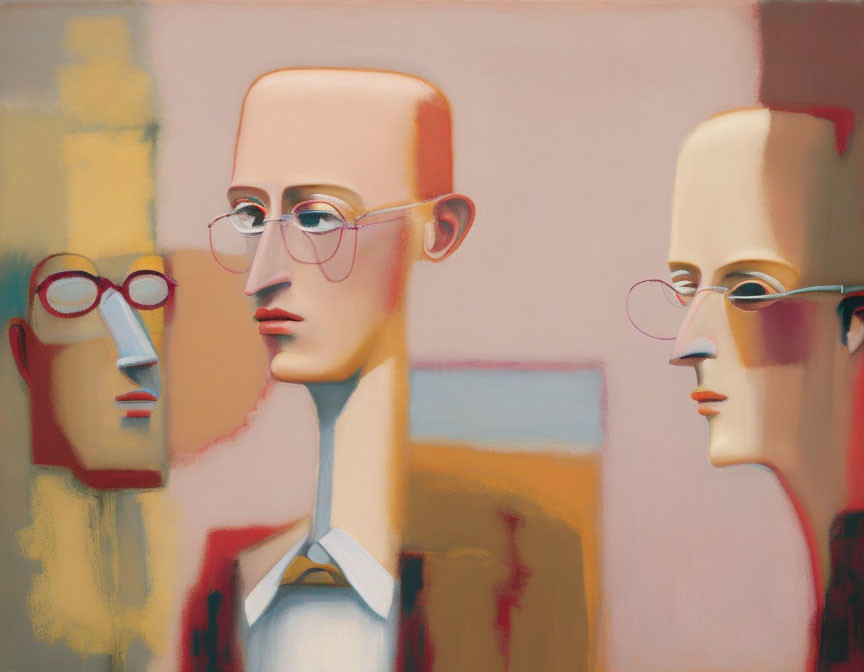 Surreal painting of three stylized male faces with exaggerated features and glasses