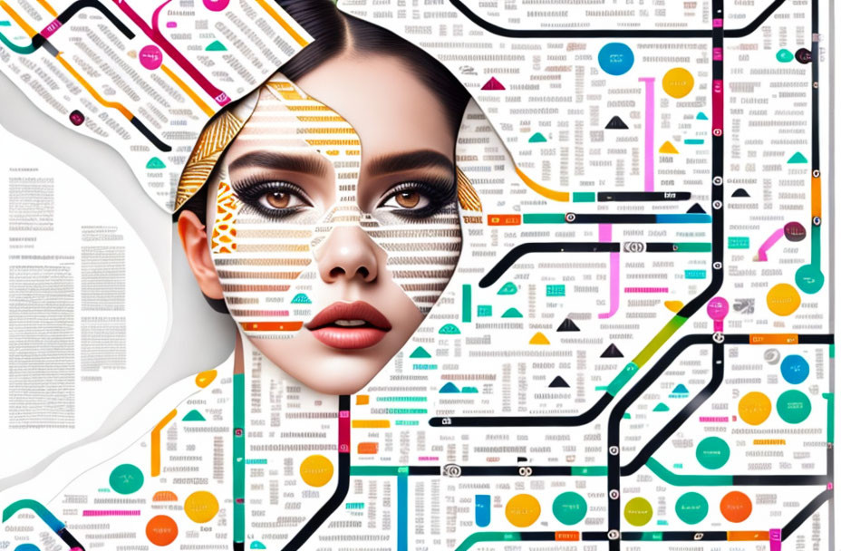 Abstract digital collage featuring woman's face with graphic lines and subway map elements.