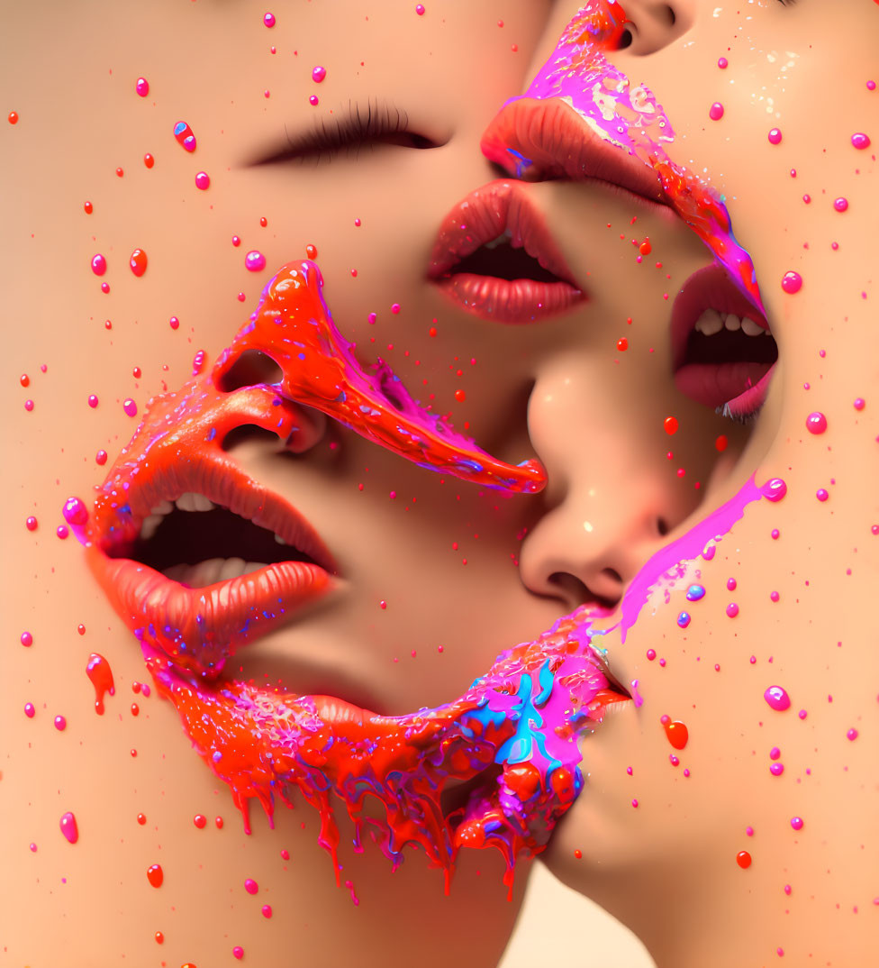 Surreal close-up: multiple lips and colorful liquid splashes