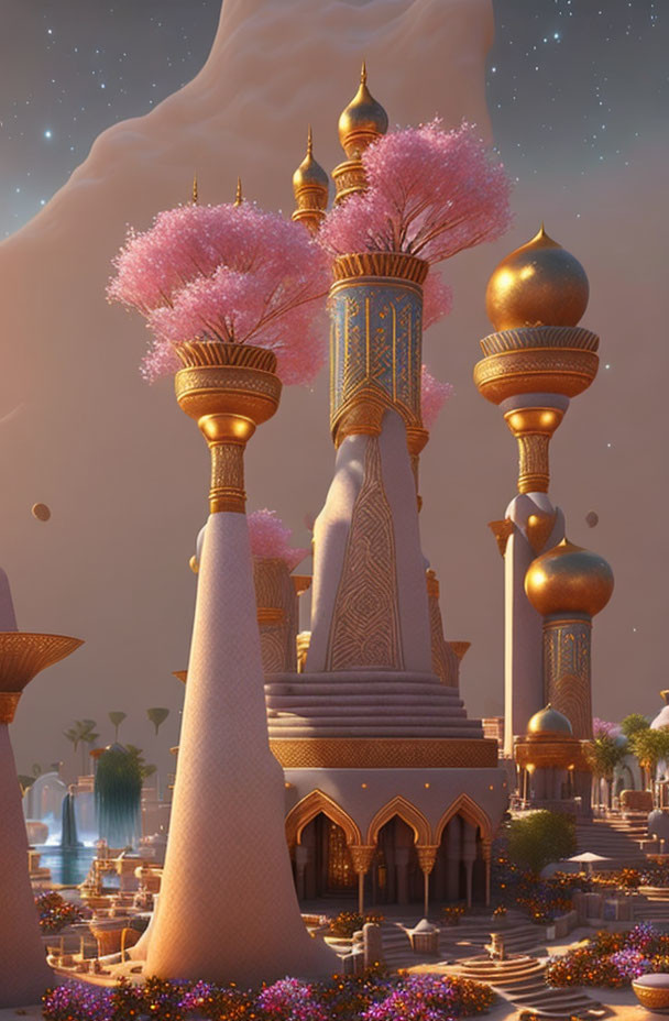 Fantasy cityscape with golden domes, spires, and pink blossoming trees under starry