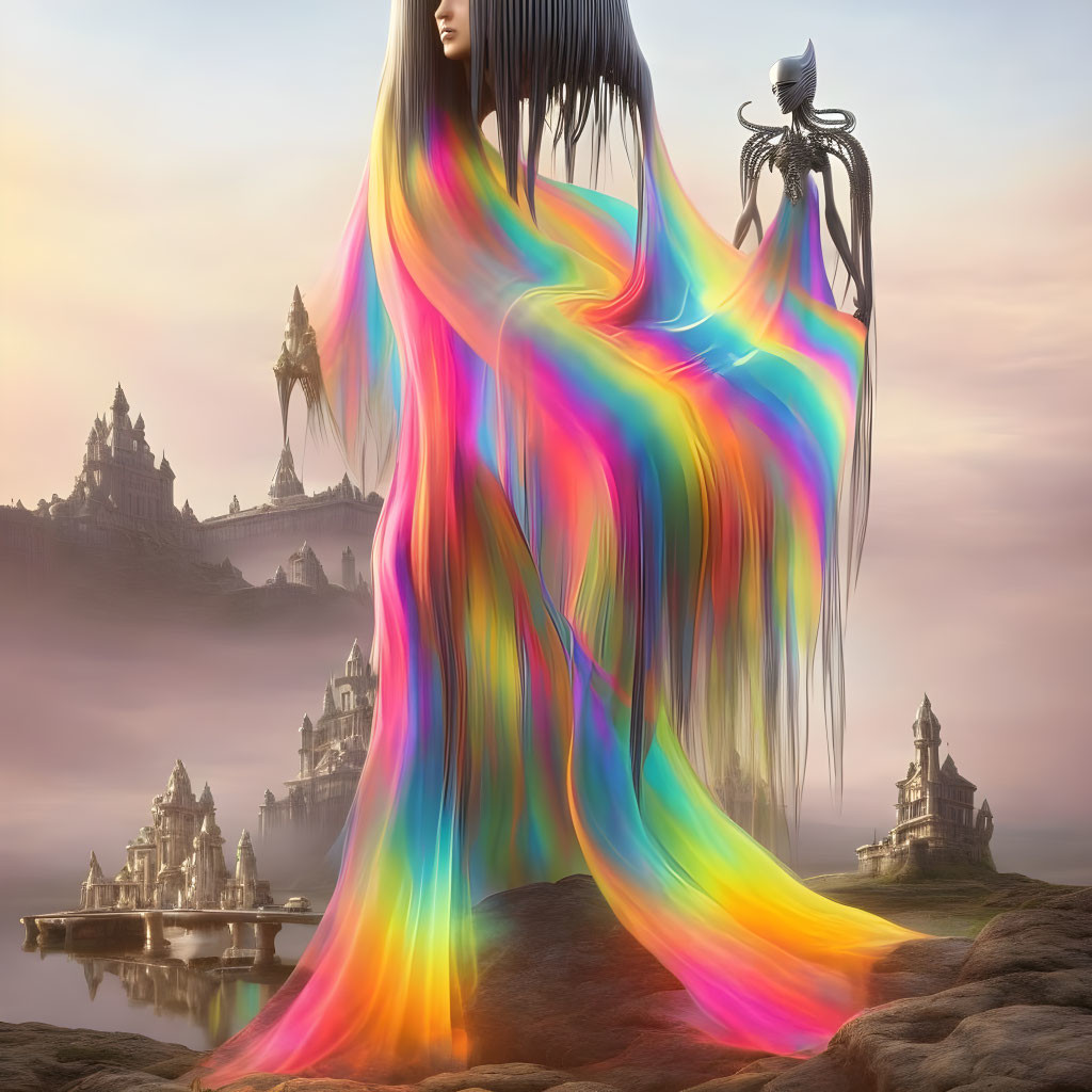 Multicolored robed figure in misty castle setting with eerie tentacled creature