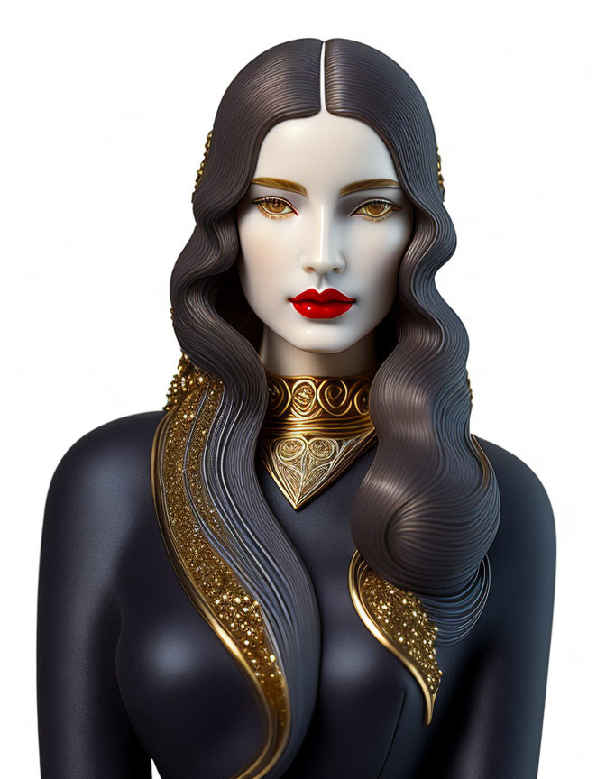 Digital artwork featuring woman with pale skin, dark wavy hair, red lips, and gold jewelry.