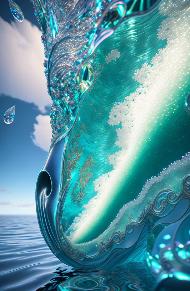 Surreal aquatic-themed image with intricate wave patterns and mask-like form