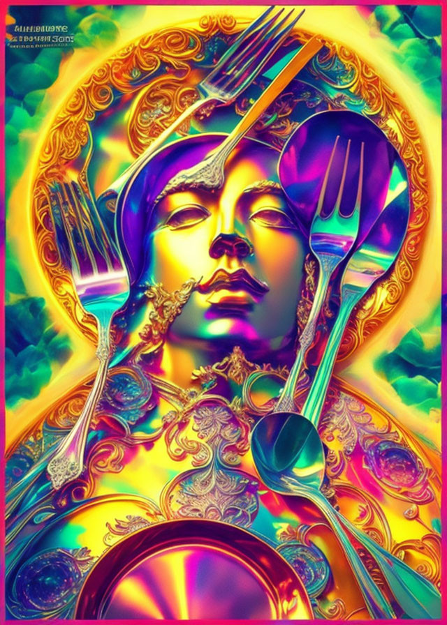 Golden face with ornate patterns and vibrant hues in psychedelic art