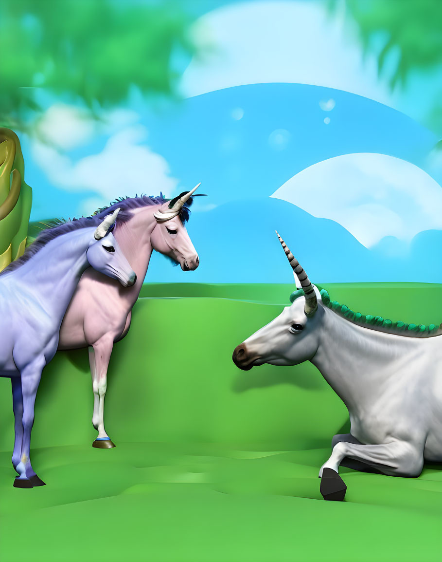 Whimsical unicorns in green field under blue skies