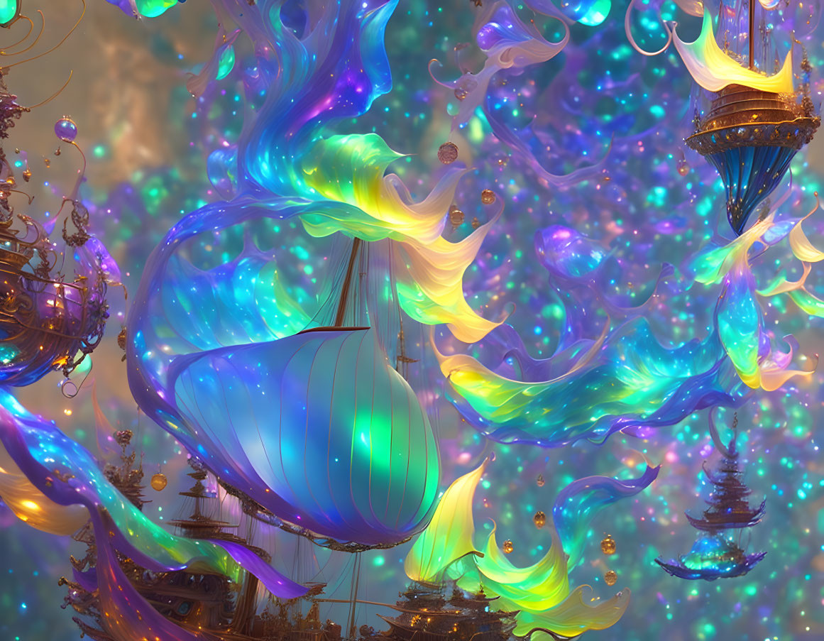 Colorful Energy Swirl Surrounds Airships and Islands