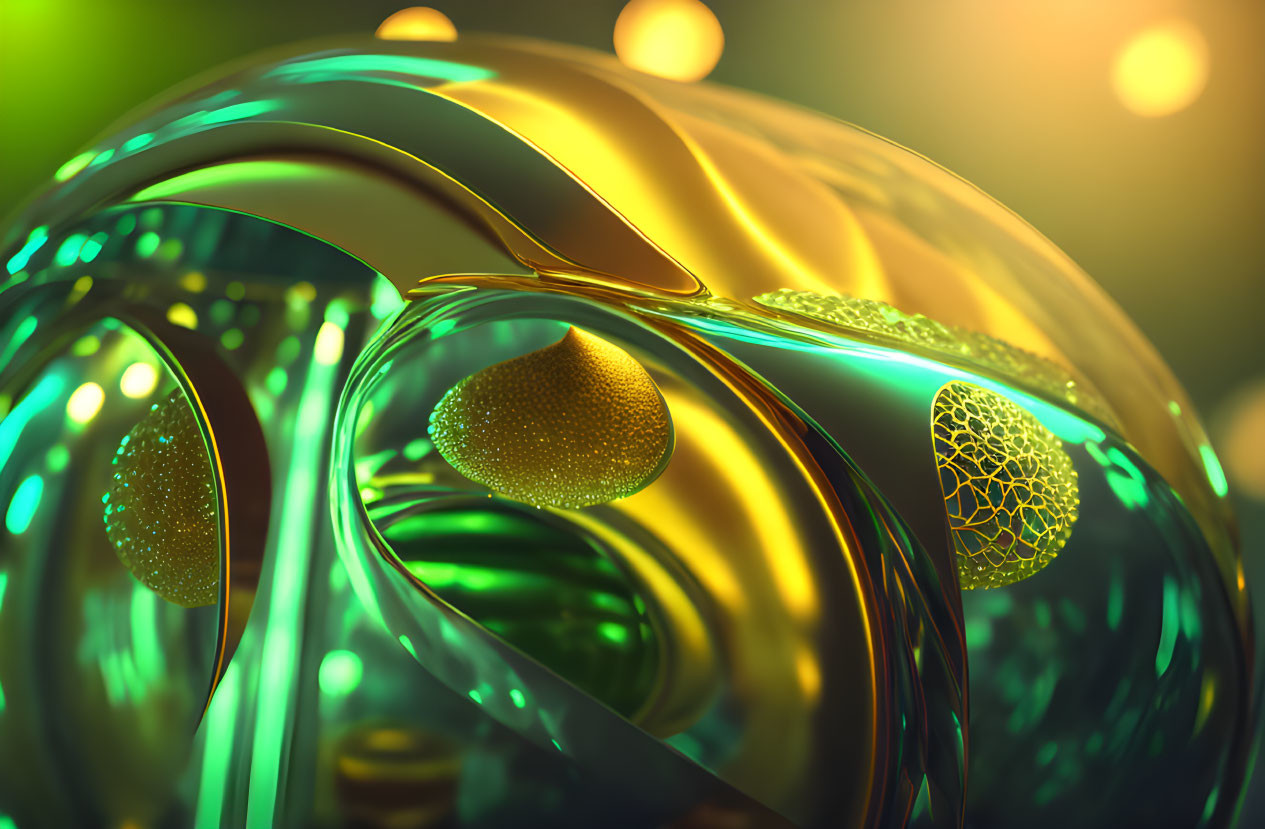 Glossy metallic curves in green and gold hues with intricate mesh patterns and glowing bokeh effects