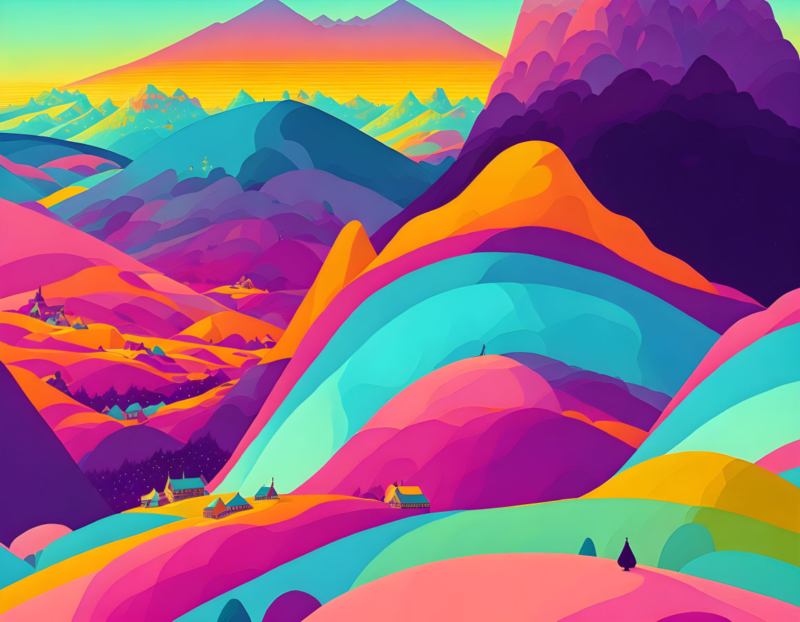 Colorful Landscape with Layered Hills and Small Houses Under a Vibrant Sky