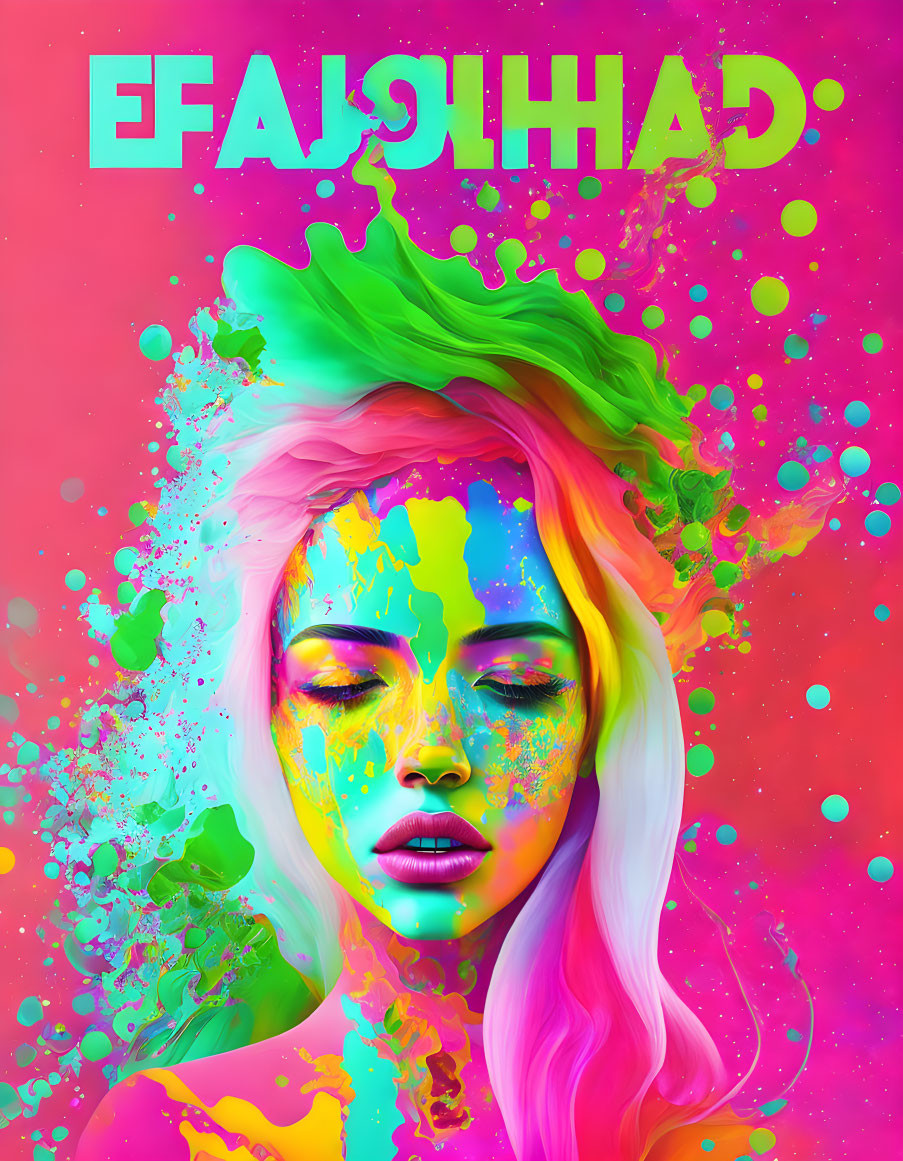 Colorful digital portrait of a woman with paint splashes on pink background