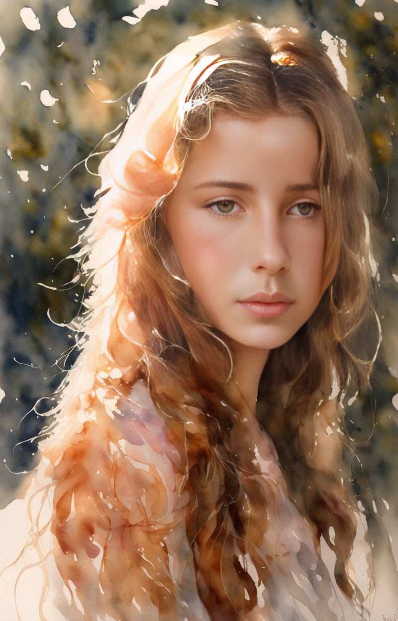 Young woman with light brown hair and orange flower in hair under sunlight through water droplets