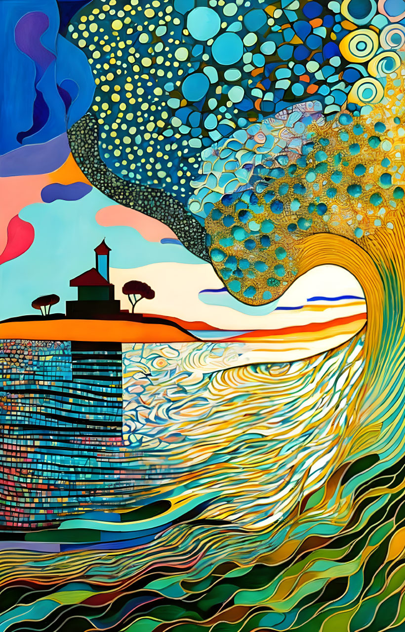 Vibrant abstract painting with swirling patterns and building silhouette