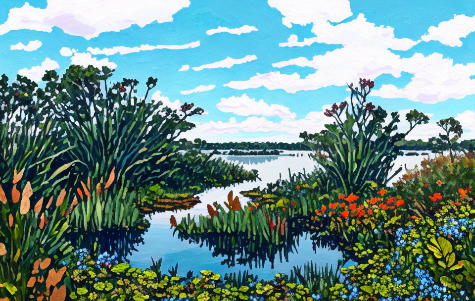 Colorful Acrylic Painting of Lush Wetland Landscape