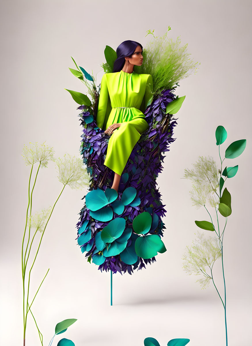 Vibrant green dress among oversized purple and green leaves