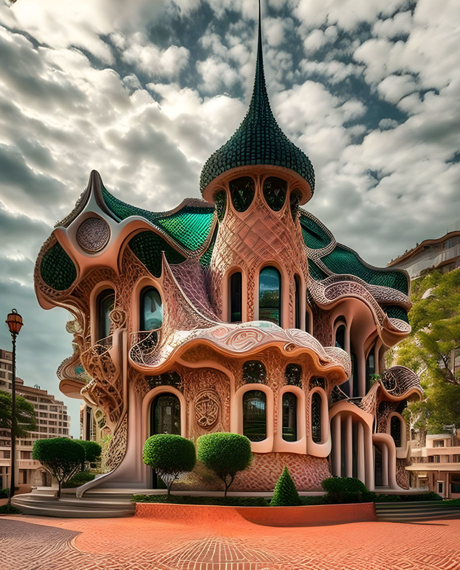 Ornate building with green tiled roof and organic motifs against cloudy sky