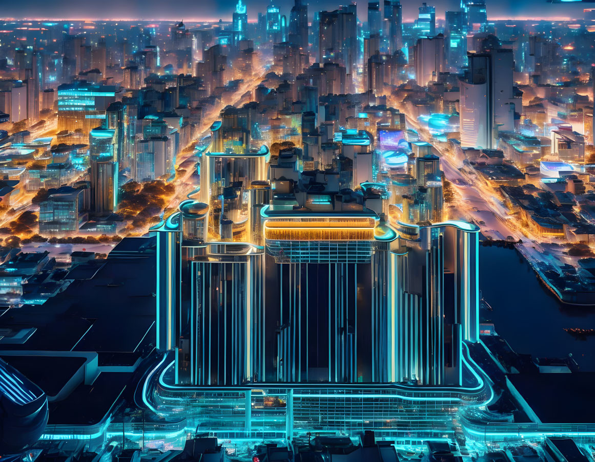 Surreal futuristic neon city at night, aqua orange