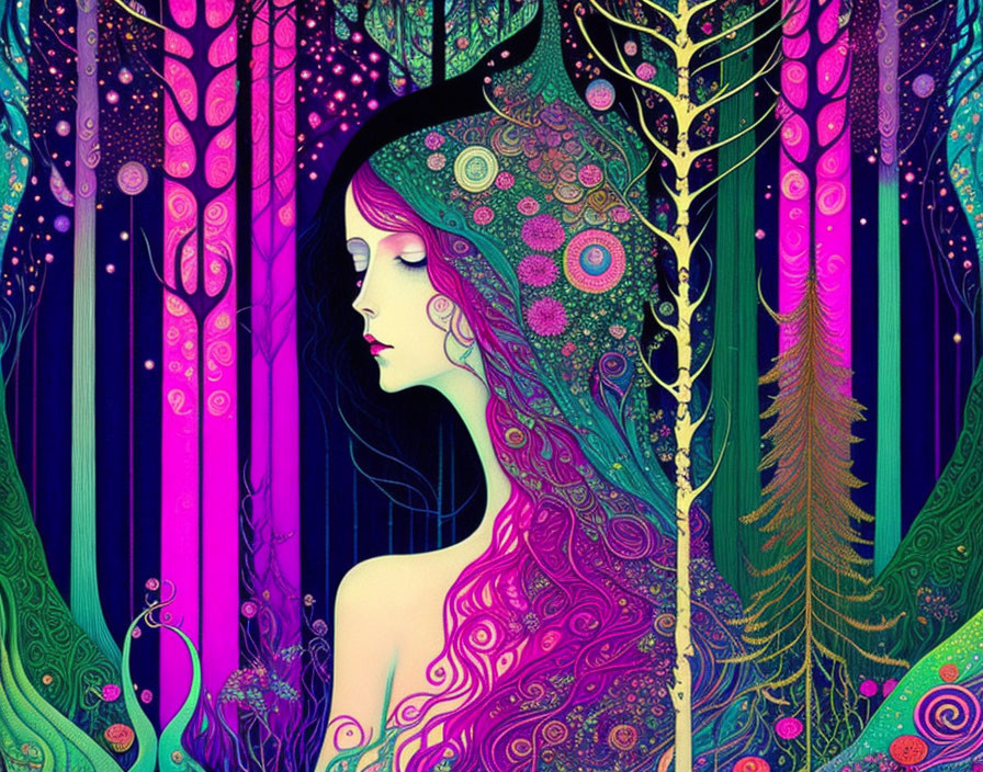 Colorful Psychedelic Forest Woman Illustration