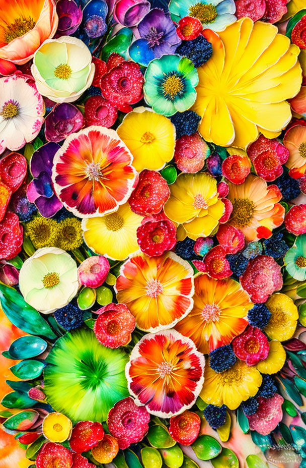 Colorful Flowers, Berries, and Leaves Mosaic Display