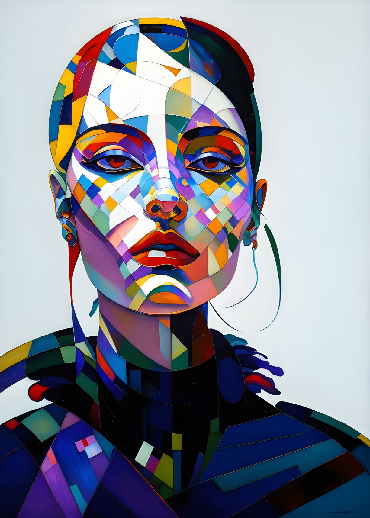 Colorful Geometric Portrait of Woman with Patterned, Faceted Skin Tones